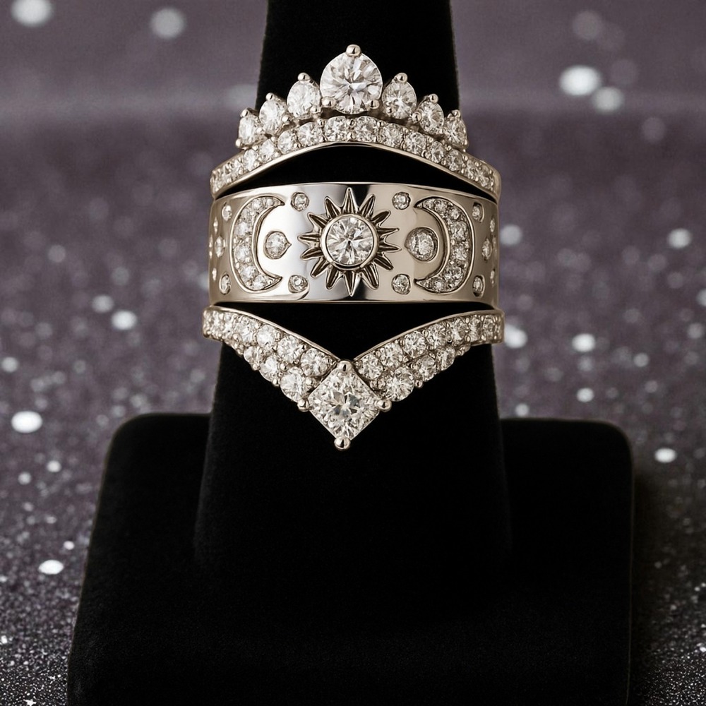 New sz 8 Trio ring set 3 pcs Silver Sun Moon Crown Ring Fashion Celestial